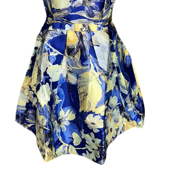 NWT Charm’s Paris Blue Yellow Watercolor Floral Bow Detail Fit & Flare Dress - M - Picture 4 of 9